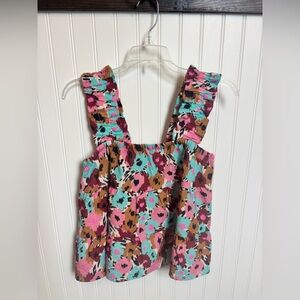 THML Teal Pink Floral Ruffled Strap Dress
